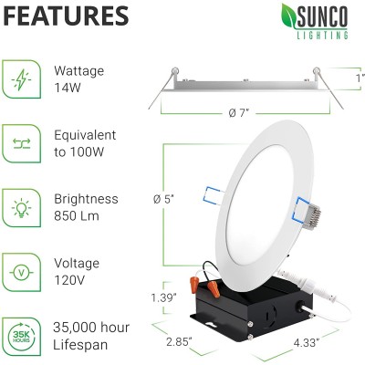 Sunco Lighting 2 Pack 6 Polegadas Luzes de teto embutidas LED ultrafinas finas,