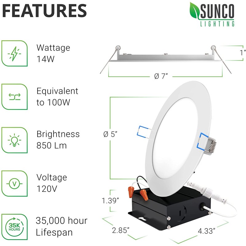 Sunco Lighting Paquete de 2 luces de techo empotrables LED ultrafinas de 6 pulgadas, delgadas,