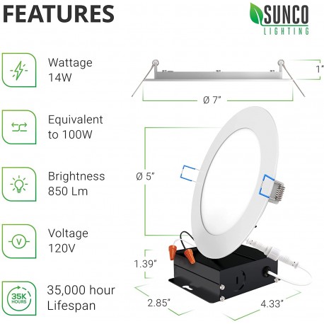 Sunco Lighting 2 件装 6 英寸超薄 LED 嵌入式吸顶灯纤薄，