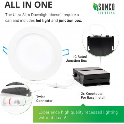 Sunco Lighting 2 Pack 6 Polegadas Luzes de teto embutidas LED ultrafinas finas,
